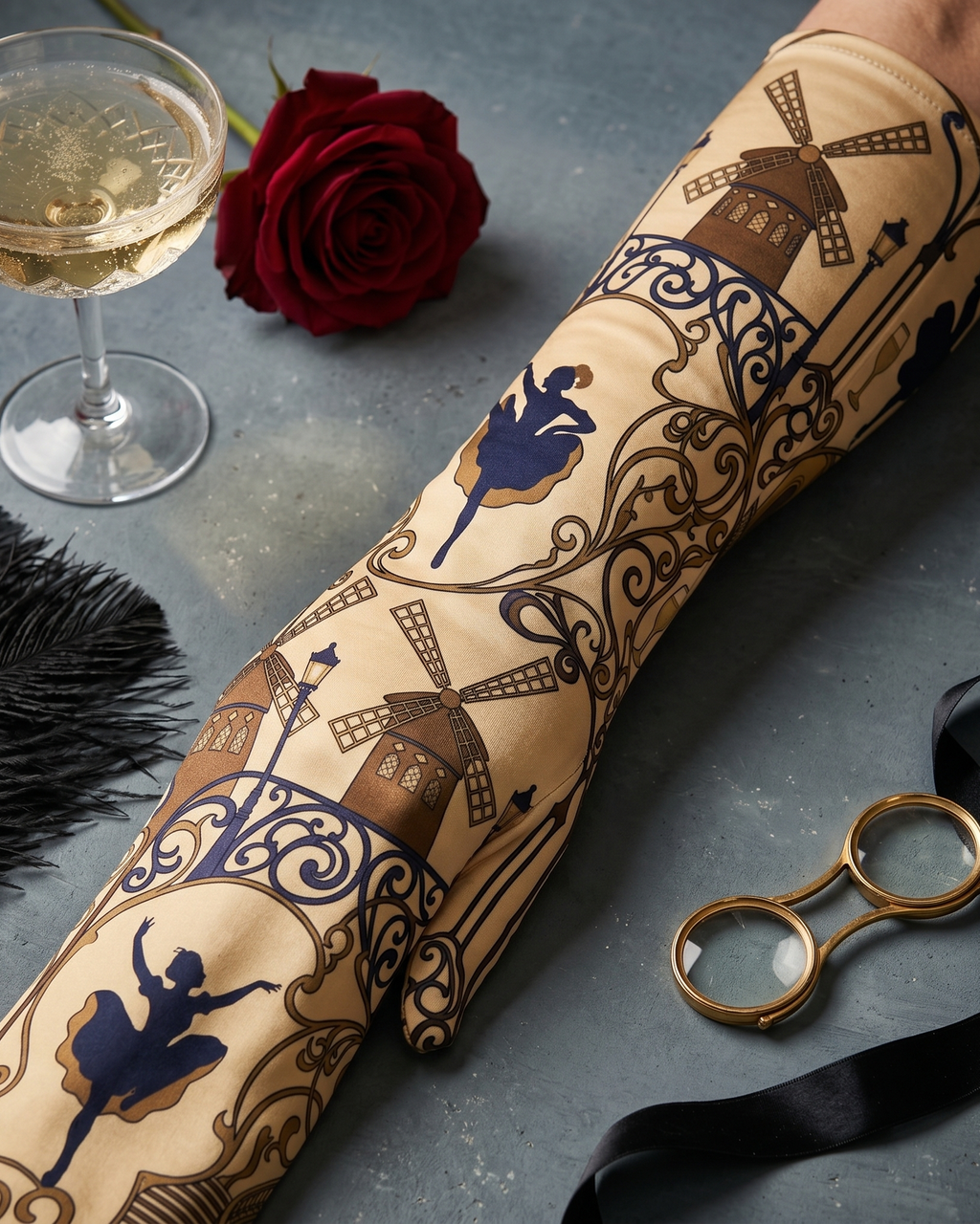 Belle Époque Opera Gloves — editorial styled view on dark wood — finely woven silk charmeuse — Hoboken atelier