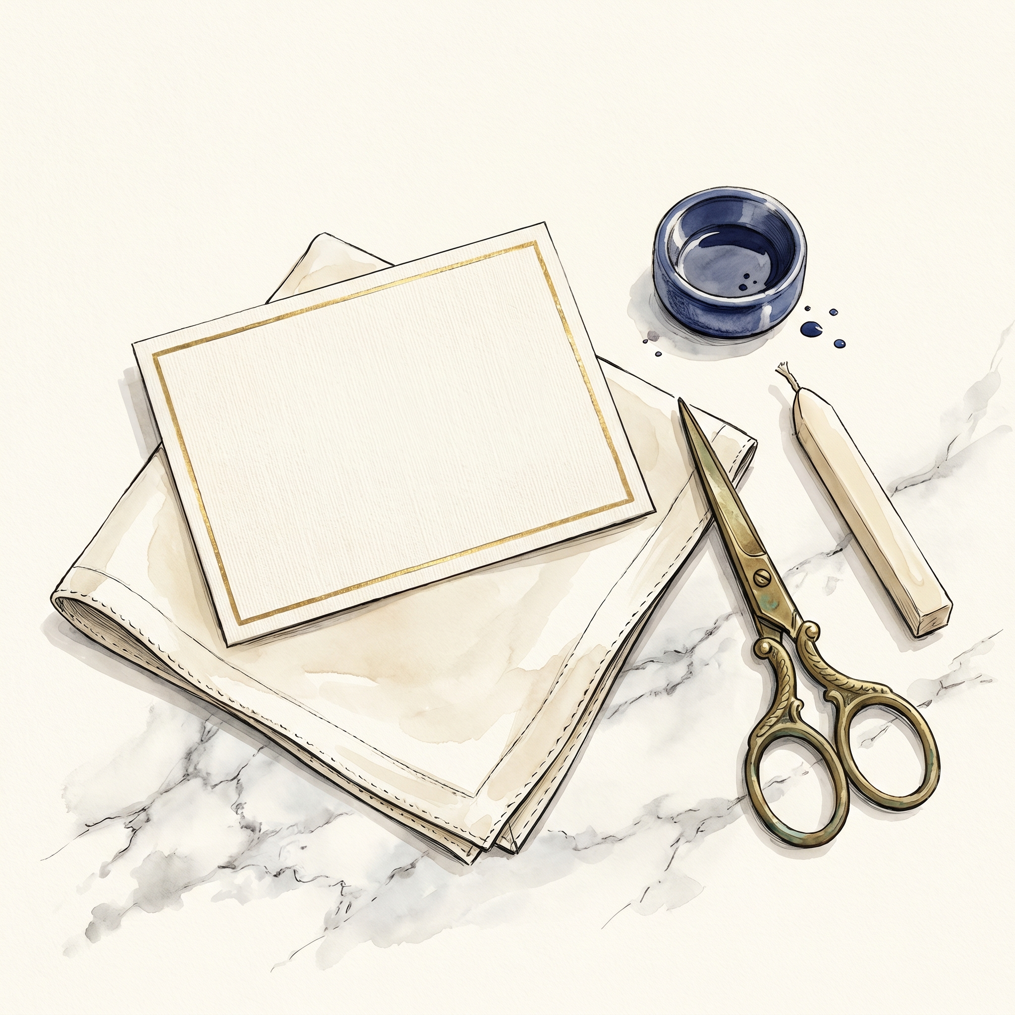 The Atelier Gift Card · $100 The accessory · gift card on cream silk pochette, brass scissors, indigo ink — Creo Fleur Atelier