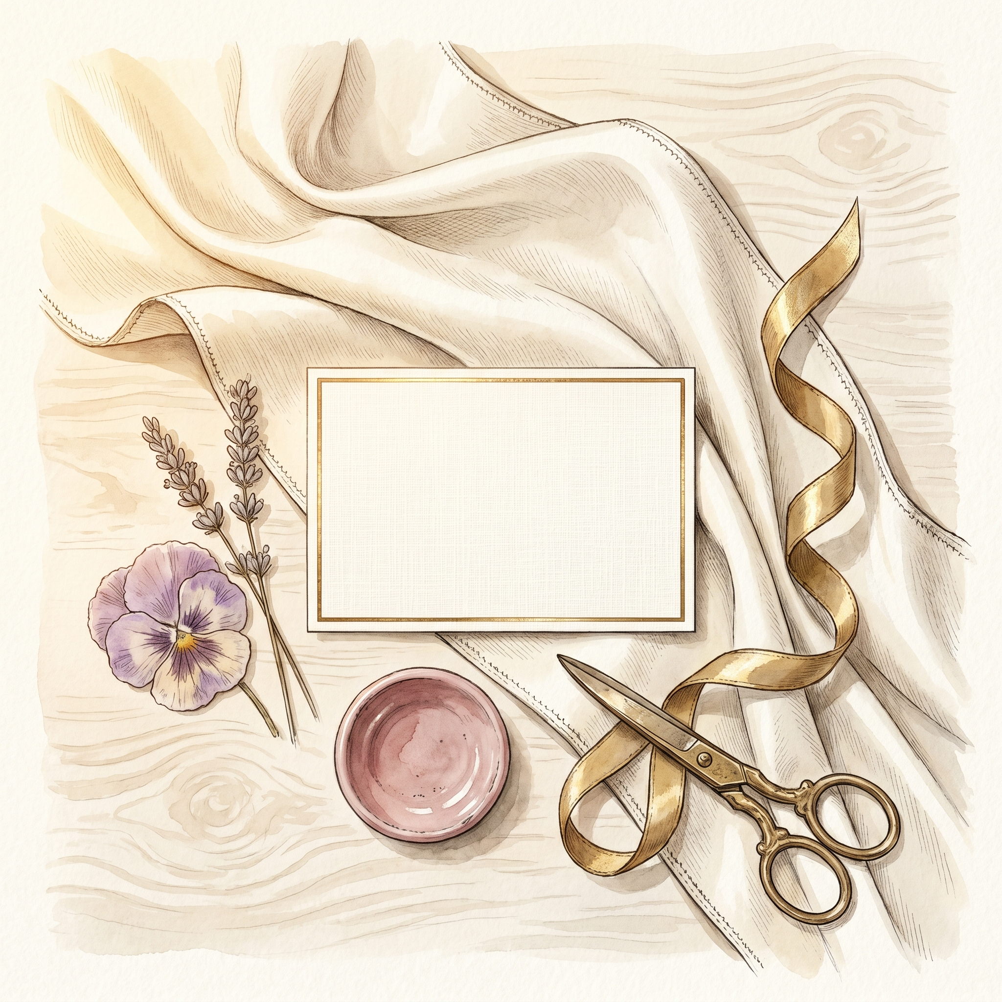 The Atelier Gift Card · $150 The carré · gift card on draped ivory silk twill with hand-rolled hem, brass scissors, antique-gold ribbon — Creo Fleur Atelier