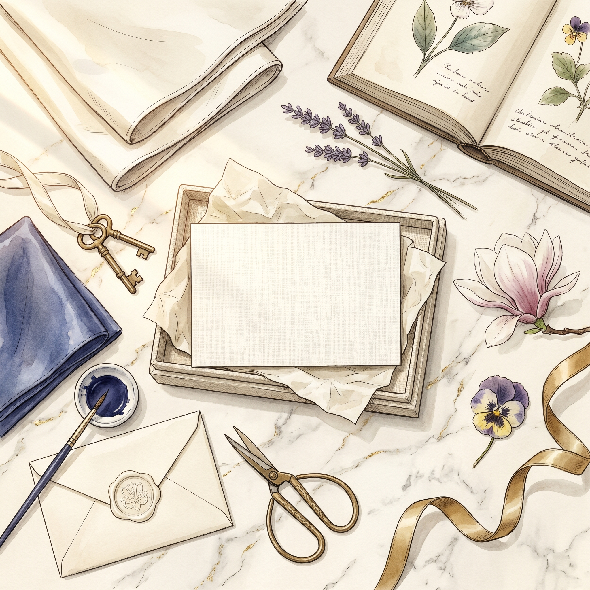 The Atelier Gift Card · $550 The commission · opulent atelier still-life with cream and indigo silk, brass tools, sealed envelope, magnolia, antique-gold ribbon — Creo Fleur Atelier
