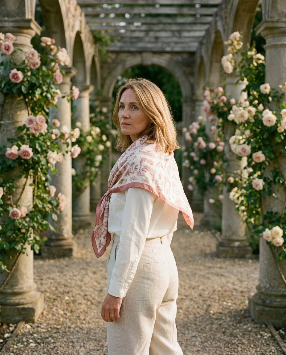 Toile de Jouy Rose Silk Scarf — on-model editorial in a pastoral setting — soft silk charmeuse — Hoboken atelier