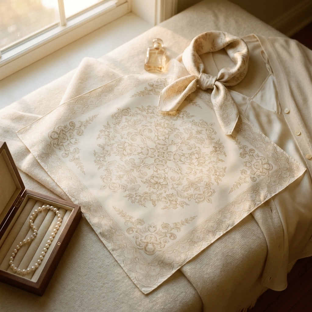 Carré Dentelle Boudoir — drape in motion on a dresser — luxurious silk chiffon — Hoboken atelier