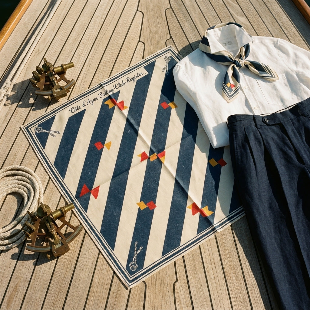 Carré Sailcloth Riviera — Drape in motion on warm beige — Fluid silk chiffon luxury scarf — Hoboken atelier