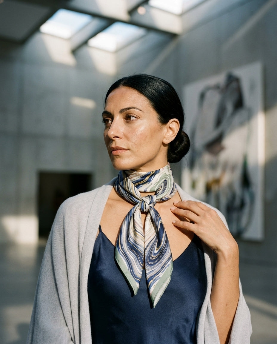 Marbled Suminagashi Silk Scarf — macro fabric detail on cream — artisan-crafted silk chiffon — Hoboken atelier