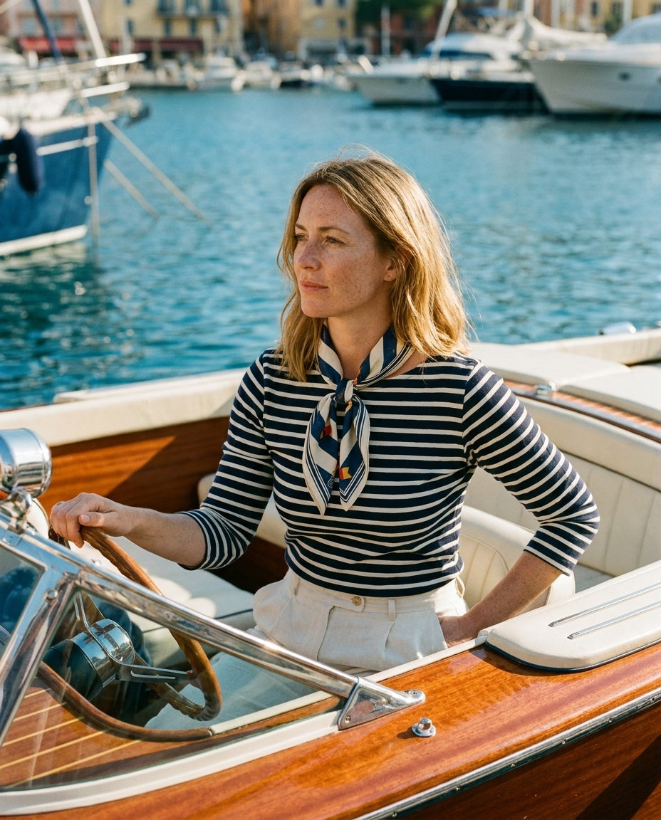 Carré Sailcloth Riviera — On-model editorial on sunlit skin — Luxurious silk twill scarf — Hoboken atelier