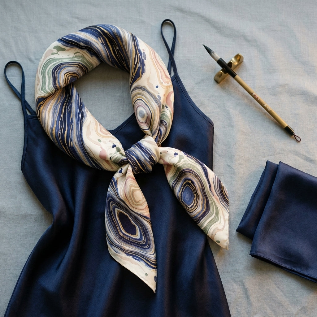 Marbled Suminagashi Silk Scarf — drape in motion on light gray — bespoke silk chiffon — Hoboken atelier