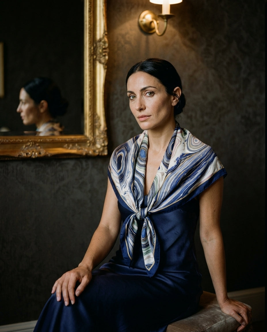 Marbled Suminagashi Silk Scarf — reverse back view on soft white — editorial silk chiffon — Hoboken atelier