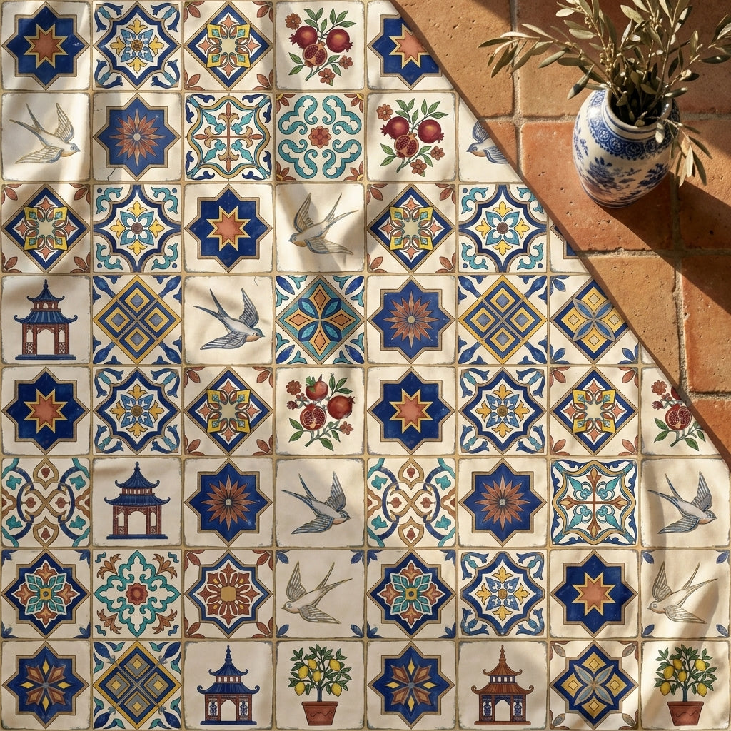 Azulejos Cobalt Mosaic Silk Sarong — drape in motion on a summer breeze — luxurious silk chiffon — Hoboken atelier