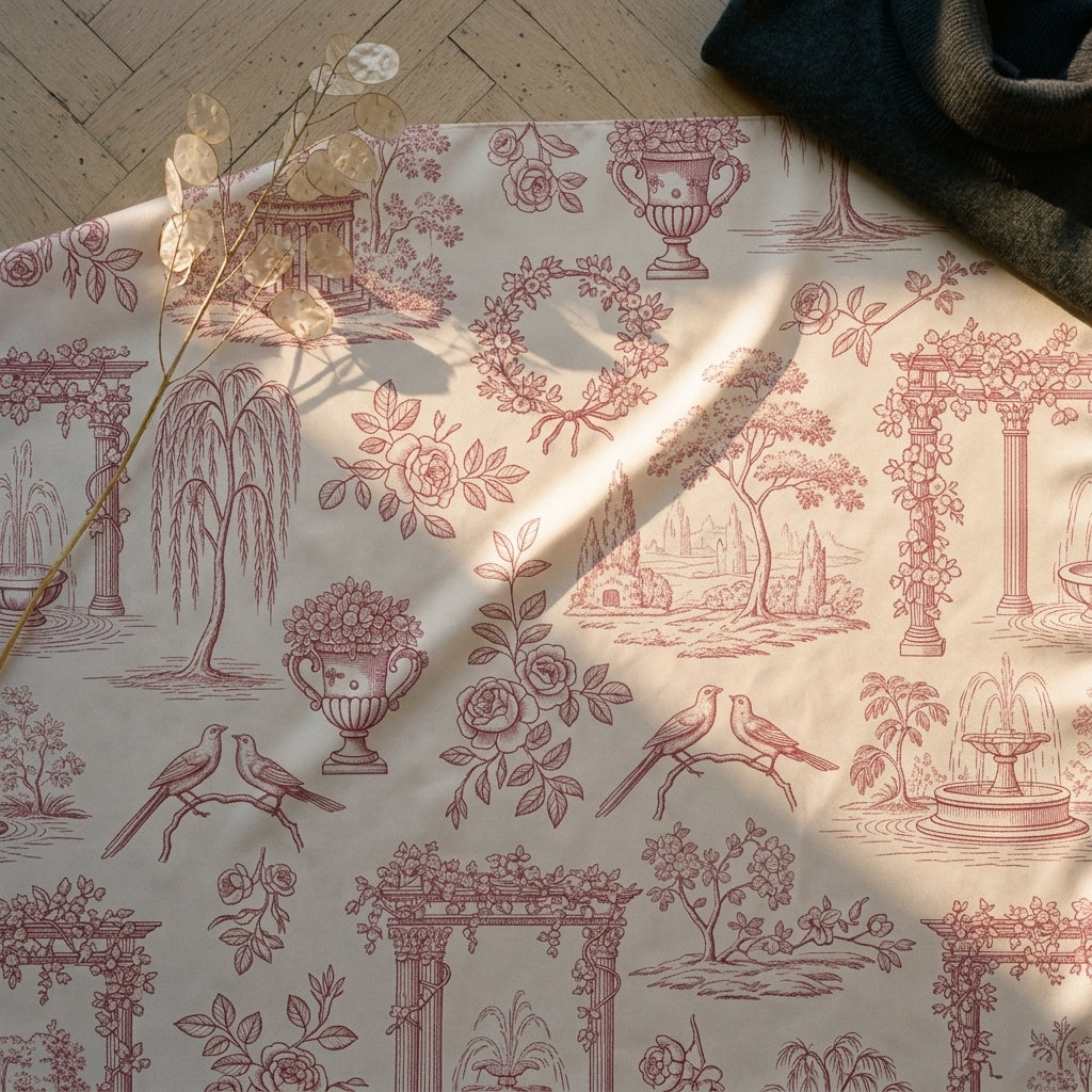 Toile de Jouy Rose Silk Scarf — drape in motion against soft light — flowing silk chiffon — Hoboken atelier
