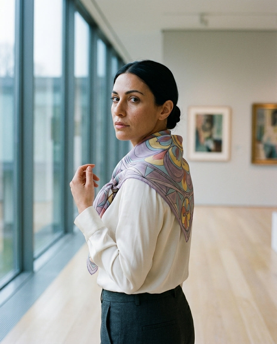 Carré Hilma Géométrie — reverse back view on soft grey — double-sided silk satin — Hoboken atelier
