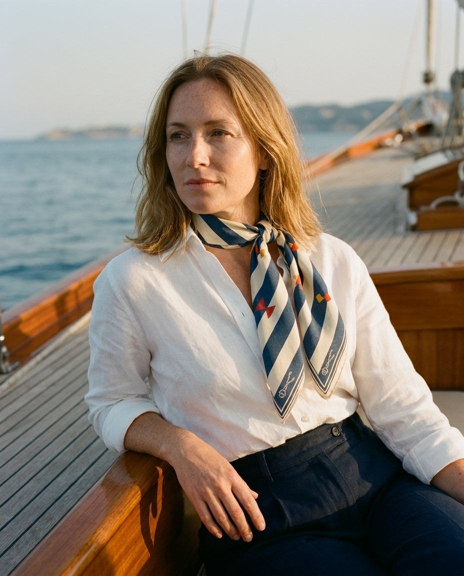 Carré Sailcloth Riviera — Hero flatlay on muted cream — Reactive-dyed mulberry silk twill — Hoboken atelier