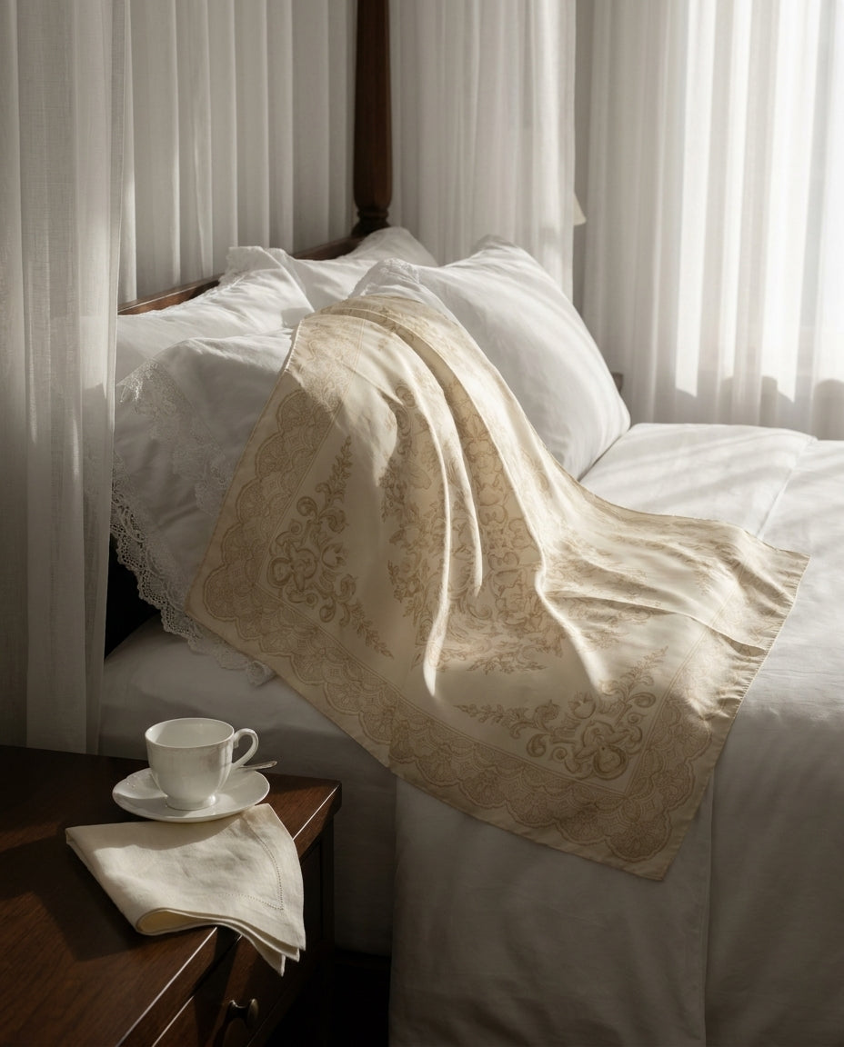 Carré Dentelle Boudoir — on-model editorial in a parlor — heirloom silk satin — Hoboken atelier