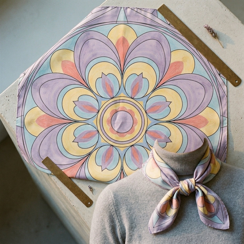Carré Hilma Géométrie — drape in motion on light blue — luxurious silk chiffon — Hoboken atelier