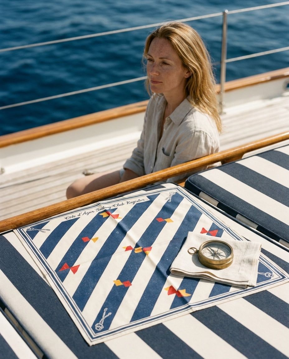 Carré Sailcloth Riviera — Reverse face view on soft ivory — Vibrant printed silk satin — Hoboken atelier