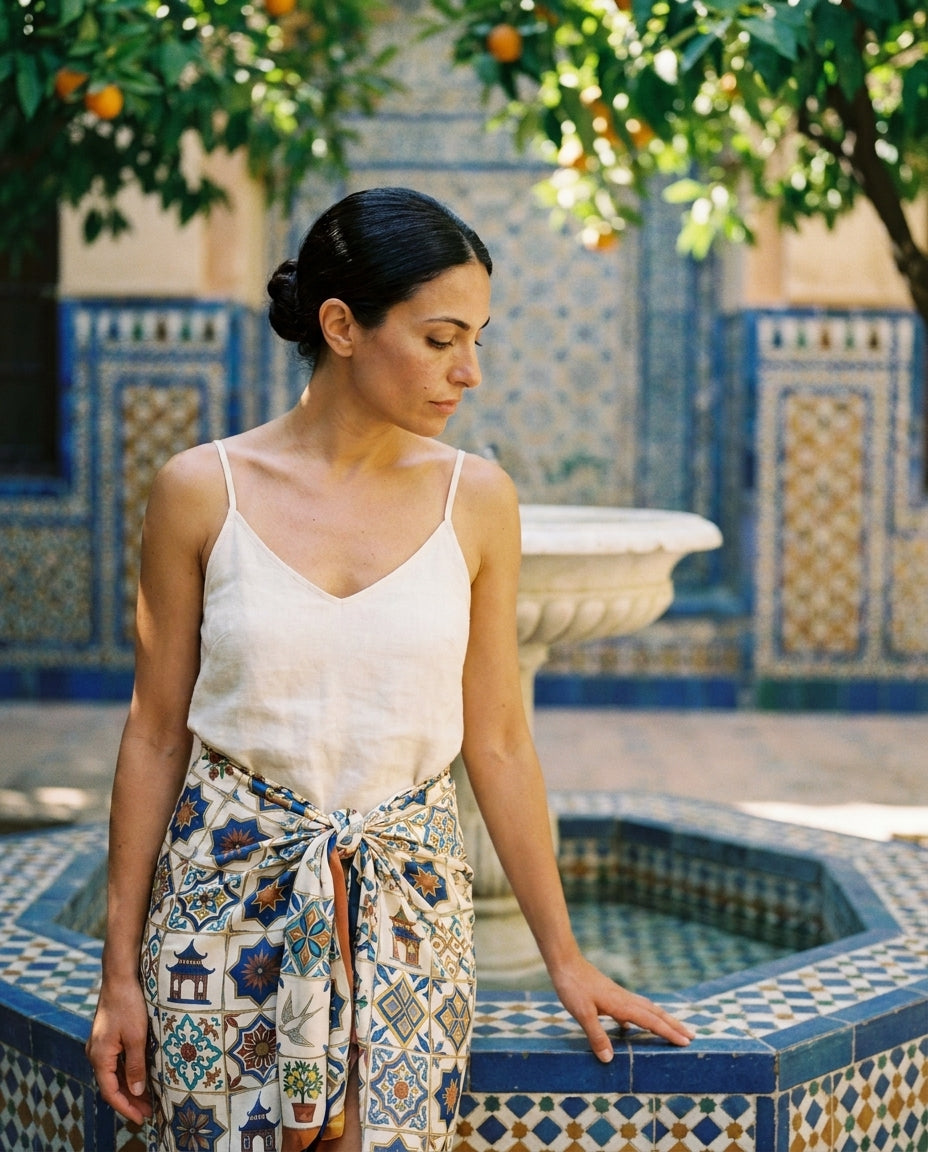 Azulejos Cobalt Mosaic Silk Sarong — on-model editorial in a coastal setting — flowing silk charmeuse — Hoboken atelier