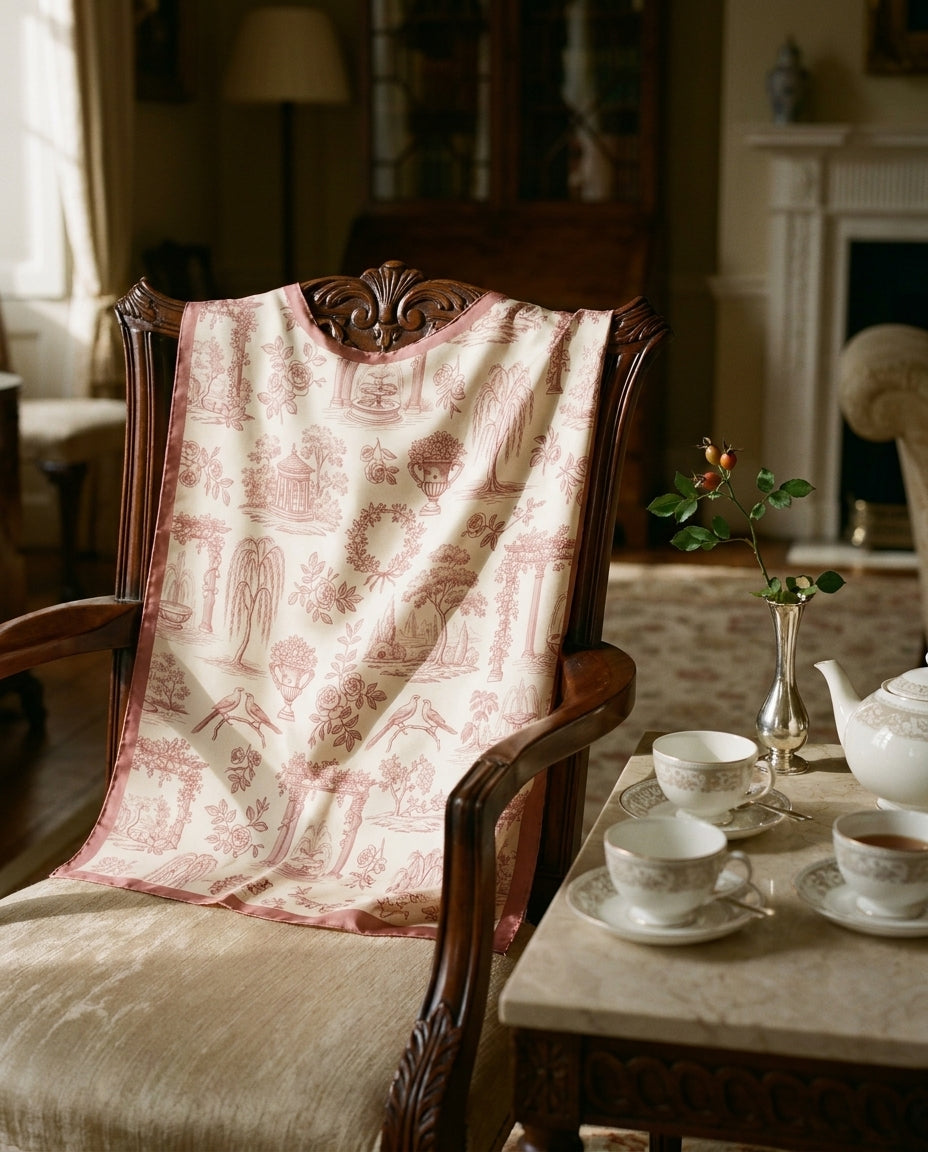 Toile de Jouy Rose Silk Scarf — reverse face on a light background — smooth silk satin — Hoboken atelier