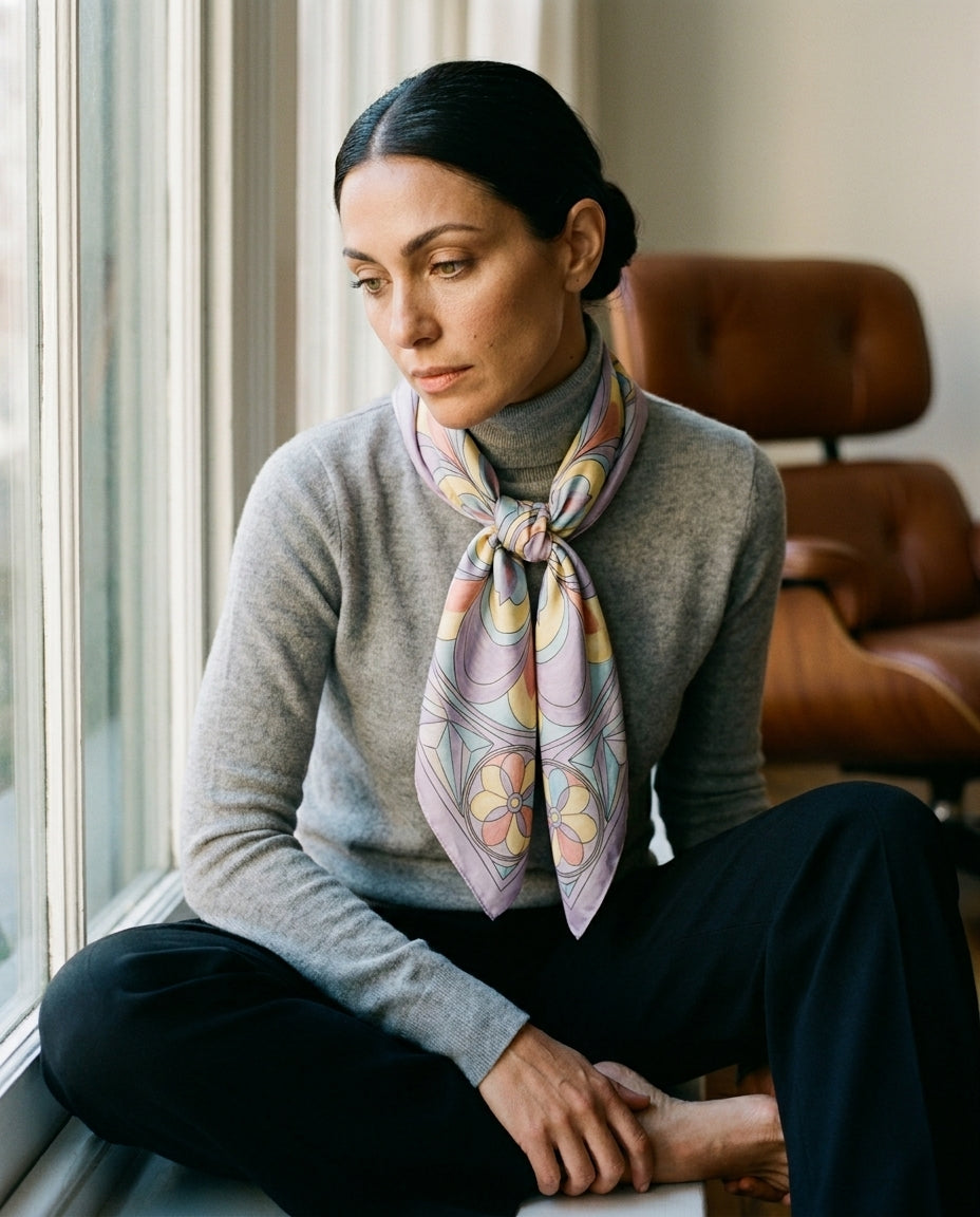 Carré Hilma Géométrie — on-model editorial on beige — flowing silk twill — Hoboken atelier