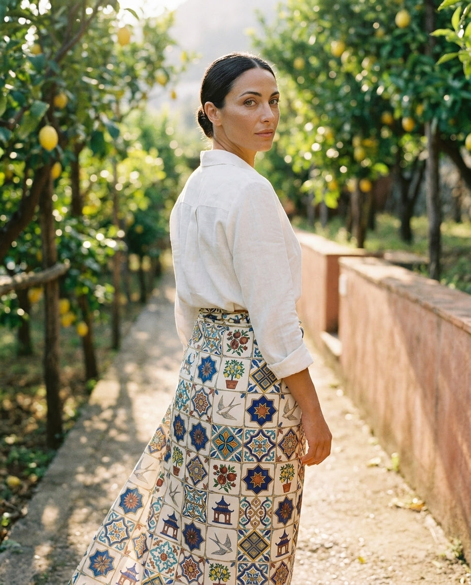Azulejos Cobalt Mosaic Silk Sarong — reverse face on a neutral background — soft silk satin — Hoboken atelier
