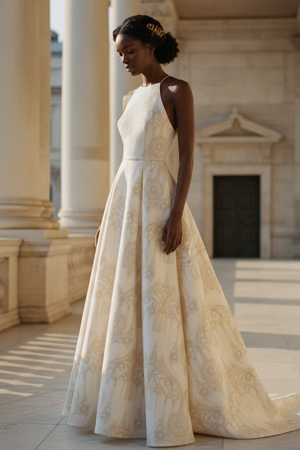 La Cathédrale — Finishing detail on veranda marble — Editorial bridal gown in soft crepe de chine — Hoboken atelier