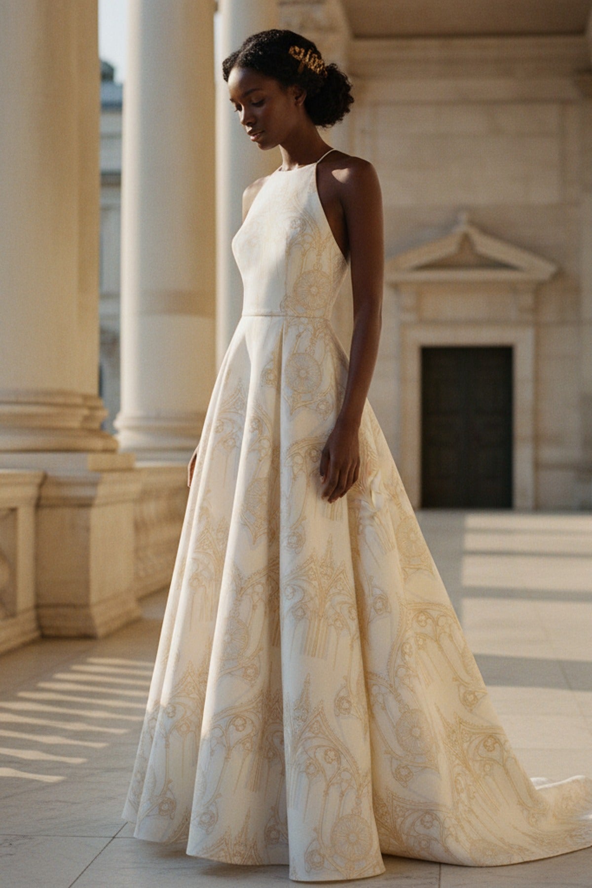 La Cathédrale — Finishing detail on veranda marble — Editorial bridal gown in soft crepe de chine — Hoboken atelier