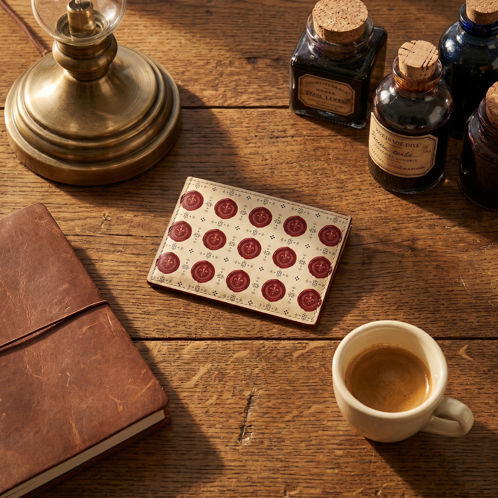Carte Sceau de Cire — lifestyle context on atelier table — editorial Italian nappa leather — Hoboken atelier