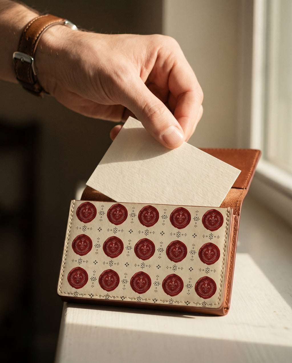 Carte Sceau de Cire — edge finishing detail on ivory — heritage Italian nappa leather — Hoboken atelier
